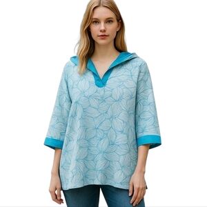 L.L. Bean Blue Graphic Lightweight Hooded Tunic Top Women's Size Extra Large XL